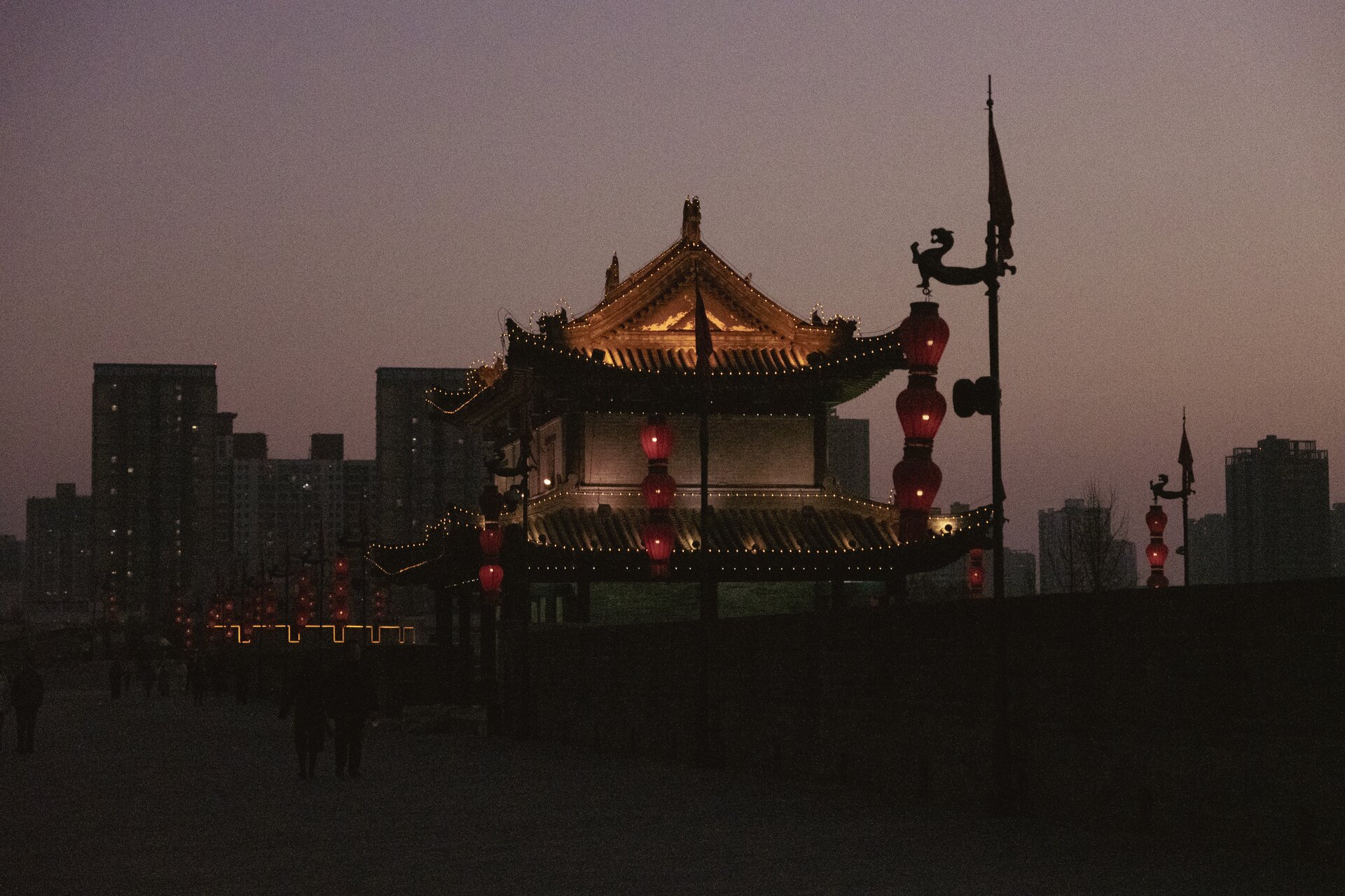 city wall building night